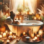 Image of a serene home spa setting, where a person is relaxing in a warm, bubble-filled bath. The ambiance is enhanced by flickering candles and aromatic plants scattered around, creating a soothing atmosphere. This setting illustrates effective ways to unwind and reduce stress.