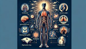 A visual diagram showing the impact of stress on the human body, correlating to an article titled 'The Long-Term Effects: What Can Stress Do to Your Body?'. The image features a central human silhouette with highlighted areas affected by stress, including a shield for the immune system, a depiction of the gastrointestinal tract, tense muscles, a lung symbol, and icons for the endocrine and reproductive systems. Symbols of a pillow with Z's, a face with acne, and thinning hair illustrate disrupted sleep, skin issues, and hair loss due to stress.