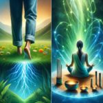 First part of the image shows a person practicing grounding by walking barefoot on a verdant lawn, with gentle blue energy waves illustrating the transfer of the earth's natural electric charge into their soles. The second part depicts sound therapy, where an individual is seated cross-legged, eyes closed in a state of calm, encircled by tuning forks and singing bowls. Subtle golden waves emanate from the instruments, symbolizing the soothing vibrations of the sound therapy session.