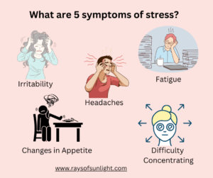 Infographic titled '5 Symptoms of Stress' with a clean white background and a top-to-bottom layout. Each symptom is listed with black text accompanied by a colorful icon. 1. 'Irritability' is depicted with a red exclamation mark icon. 2. 'Fatigue' is shown with a blue pillow icon. 3. 'Headaches' is represented by a purple head silhouette with a zig-zag line across it. 4. 'Changes in Appetite' features a green apple icon. 5. 'Difficulty Concentrating' is indicated by an orange target icon. The design is minimalist with ample spacing for clarity and readability.