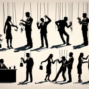 An illustration in shadow play style, depicting people whose shadows reveal manipulative actions. The image shows various scenarios: one person appears friendly, but their shadow displays a sinister gesture; in a professional setting, another person's shadow is secretly pulling strings. This striking visual contrasts the individuals' outward behavior with their hidden, manipulative intentions, emphasizing the unseen aspect of manipulation in interactions. Overcoming Relationship Manipulation.