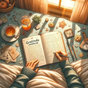 Cozy bedroom scene with a person writing in a gratitude journal, reflecting life's simple pleasures like a sunny window and a warm cup of tea, symbolizing the power of positivity in gratitude journaling. 5 Life Changing Habits to Start Now