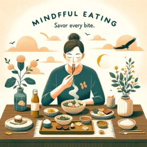 Scene depicting mindful eating with a simple, beautifully arranged meal on a table, focusing on natural ingredients and a person savoring the flavors in a calm, mindful manner. 5 Life Changing Habits to Start Now