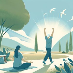 This illustration shows a single person engaging in a simple and enjoyable physical activity, set against a calm and encouraging background. The image highlights the joy and ease of incorporating movement into daily life, emphasizing personal well-being and self-care.