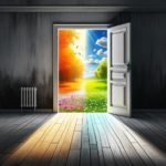 An image depicting 'Doorway to Change.' It features an inviting open door with light streaming through, leading from a dull, monochrome room.