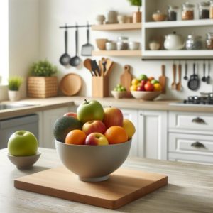 Bright and welcoming kitchen with a focus on healthy eating. A bowl of colorful fresh fruit is centrally placed on a clean, organized counter, surrounded by neatly arranged kitchen tools. The environment emphasizes cleanliness, health, and efficiency in the kitchen.