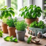 image depicting small pots of fresh herbs like basil, mint, or parsley on a kitchen windowsill. It captures the essence of a homey and healthy kitchen environment, highlighting the beauty and practicality of growing one's own herbs for use in cooking. Easy Nutrition Tips. 