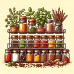  image depicting a neatly organized spice rack with a variety of spices and herbs. This visual illustrates the importance of flavoring food in healthy ways, displaying an array of colorful spice jars or containers, arranged orderly, and emphasizing the use of natural spices and herbs in a healthy kitchen.