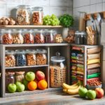 image depicting a designated area in the kitchen with healthy snacks like nuts, fruits, and granola bars. The picture shows a well-organized snack corner, illustrating the concept of convenient and healthy snacking with a variety of wholesome snacks displayed attractively. Easy Nutrition Tips.