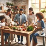 image depicting a family cooking together in the kitchen. It represents the kitchen as a space for family bonding and highlights the promotion of healthy eating habits for all ages. The image captures the joy and collaboration involved in cooking as a family activity.