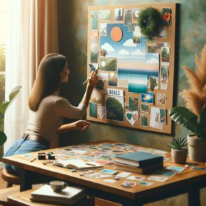 A person actively engaged in creating a vision board, arranging images and goals, in an inspiring and creative setting, embodying the process of goal setting and visualizing a positive future for a blog article. reset-your-life-guide.