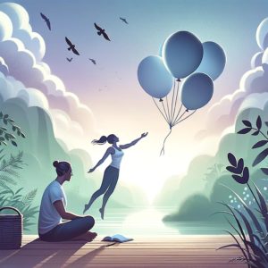 A serene image depicting the release of negative emotions, showing an individual in a tranquil setting, possibly engaged in meditation or journaling, symbolizing the process of letting go and moving forward from negative thoughts for a blog article. Reset your life guide.