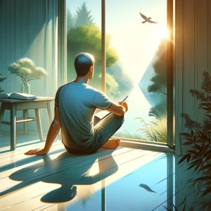 A serene image depicting the release of negative emotions, showing an individual in a tranquil setting, possibly engaged in meditation or journaling, symbolizing the process of letting go and moving forward from negative thoughts for a blog article. Reset your life guide. 