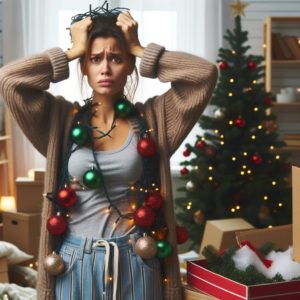  image depicting a woman looking frustrated and overwhelmed while taking down holiday decorations. She's in a cluttered room with a Christmas tree, boxes of ornaments, and tangled lights, perfectly capturing the sense of exasperation that can come with post-holiday cleanup.