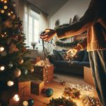 A-dynamic-image-of-a-woman-actively-taking-decorations-off-a-Christmas-tree-or-removing-lights-from-around-the-house.-The-setting-is-a-cozy-living-. Post holiday cleanup tips. 
