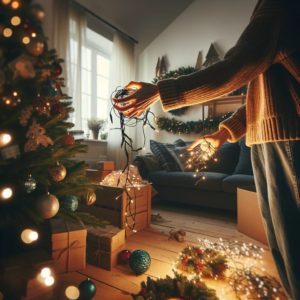 A-dynamic-image-of-a-woman-actively-taking-decorations-off-a-Christmas-tree-or-removing-lights-from-around-the-house.-The-setting-is-a-cozy-living-r