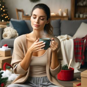 Individual taking a mindful break with a cup of tea during the post-holiday cleanup process.