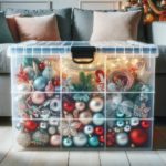 Well-organized storage bin labeled for holiday decorations,