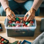 Hands carefully placing holiday ornaments into a storage box for organized post-holiday cleanup.