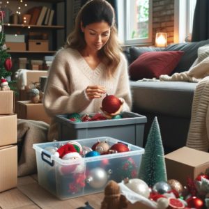 A-woman-packing-up-holiday-decorations-reflecting-on-happy-memories.-The-scene-shows-her-in-a-living-room-surrounded-by-festive-decor-and-some-storag