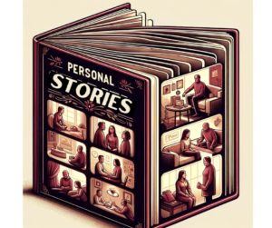 An illustration of an open book with 'Personal Stories' written on the cover. Inside, the pages feature illustrated vignettes of people in various settings, depicting emotional experiences related to manipulation. Scenes include individuals, couples, and groups in moments of realization or emotional impact from manipulative behavior, representing a diverse collection of personal stories on manipulation. Overcoming Relationship Manipulation.