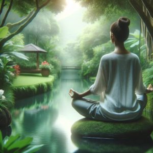 A peaceful and serene image depicting a woman meditating in a tranquil environment. She is seated in a comfortable pose by a calm body of water or in a quiet, lush garden. The surroundings are calm and inviting, with elements of nature like water, trees, or flowers enhancing the sense of peace and introspection. The woman appears relaxed and focused, embodying a deep connection to her inner self and the tranquility of her surroundings