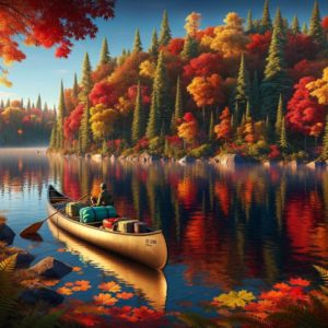 Autumn in Algonquin Park with a breathtaking display of fall colors. Trees in shades of red, orange, and yellow reflected in a calm lake, with a canoe amidst the vibrant foliage under a clear blue sky. Whispering Rapids.