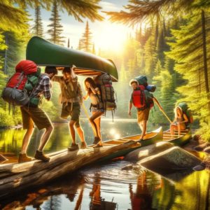 A dynamic summer scene in Algonquin Park with four people, three men and one woman, portaging two canoes. They are equipped with backpacks, navigating through a lush forest, embodying the spirit of teamwork and adventure. wilderness adventure in Algonquin park. Whispering Rapids.