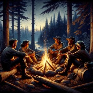 image depicting an evening scene with four people sitting around a campfire, reflecting on their day's adventure. The warm light of the fire illuminating their faces against the backdrop of the darkening woods creates an atmospheric and reflective mood, perfect for the section of your article "Evening Reflections: Whispers of the Wild. Whispering Rapids. 