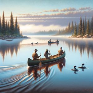 A serene morning in Algonquin Park, featuring a calm lake surrounded by tall pine trees. A solitary canoe floats gently on the water, reflecting the peace and tranquility of the wildernessWhispering Rapids.