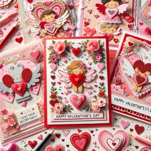 Festive Valentine's Day image featuring a variety of handmade Valentine's cards with intricate designs of hearts, cupids, and love messages, set against a playful background adorned with glitter, ribbon, and small paper hearts in pinks, reds, and whites, creating an atmosphere of creativity, love, and celebration.