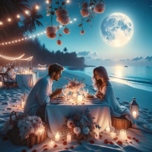 Romantic and dreamy Valentine's Day image showing a couple enjoying a moonlit dinner on the beach. The scene includes a man and a woman at a beautifully set table with elegant dinnerware, candles, and a floral centerpiece, with the moonlight reflecting on the ocean. The ambiance is enhanced with twinkling lights, rose petals, and a sea breeze, in a color palette of soft blues, whites, and reds, capturing the essence of a perfect Valentine's evening by the sea.