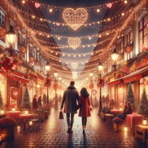 Picturesque Valentine's Day image of a couple walking hand in hand through a beautifully lit city street at night. The scene features twinkling lights, lanterns, and Valentine's decorations on storefronts and cafes. The couple shares a romantic moment under a canopy of lights against a backdrop of charming city architecture, in a warm palette of reds, pinks, and golds, embodying romance and love in an urban setting.