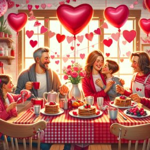 Heartwarming Valentine's Day image showing a family celebrating together in the morning. The scene is set in a kitchen with a breakfast table decorated with heart-shaped balloons, red and pink tablecloth, and festive tableware. The family enjoys a special breakfast with heart-shaped pancakes, fresh fruits, and hot chocolate, in an atmosphere filled with laughter and love, in a color palette of bright reds, pinks, and warm whites.