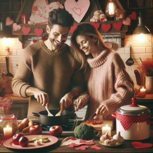 Cozy and romantic Valentine's Day image of a man and a woman cooking together in a home kitchen, surrounded by heart-shaped decorations and red and pink accents. They are happily engaged in meal preparation, chopping vegetables or stirring a pot, in a warmly lit kitchen, creating an atmosphere of intimacy and teamwork in a color palette of reds, pinks, and soft whites.