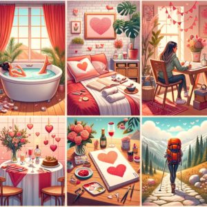 Vibrant image representing solo celebration on Valentine's Day, featuring various self-care and personal adventure activities. The scene includes a spa day setting, a cozy reading nook, a painting easel, a table set for a meal, and a hiking backpack, all in a cheerful and empowering atmosphere with Valentine's motifs in reds, pinks, and neutrals, symbolizing the joy of self-care, new hobbies, and personal growth on Valentine's Day.