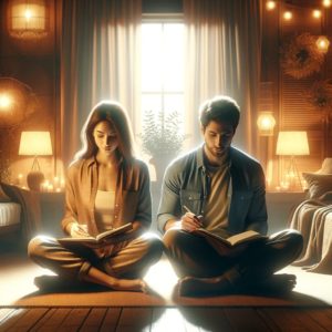 A couple sits together in a cozy, warmly lit room, deeply engaged in mindful reflection and planning. They each hold a notebook, symbolizing their individual aspirations, in a serene and intimate setting that emphasizes partnership, support, and mutual personal growth.