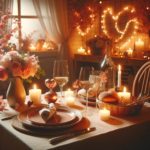 The second image depicts an idyllic and romantic setting, ideal for a couple's Valentine's Day dinner at home, with a beautifully set table, warm ambient atmosphere, and soft candlelight.