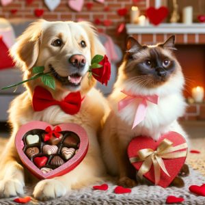 A charming scene with a fluffy golden retriever and a sleek Siamese cat celebrating Valentine's Day. The golden retriever, adorned with a red bow tie, holds a heart-shaped box of chocolates in its mouth, while the Siamese cat, wearing a pink ribbon, playfully bats at a red rose. They are seated together in a cozy living room, which is festively decorated with heart-shaped ornaments. The warm fireplace in the background adds to the festive and loving atmosphere of Valentine's Day.