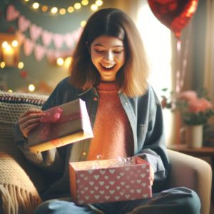 A teenage girl with a joyful expression sits in a cozy armchair, opening a beautifully wrapped Valentine's Day gift. She is dressed in casual, stylish clothes and looks surprised and delighted. The room is adorned with heart-shaped balloons, streamers, and Valentine's themed decorations, creating a warm and intimate atmosphere.