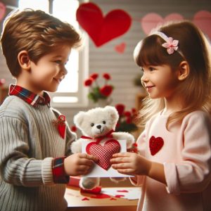 Two young children, a boy and a girl, are exchanging Valentine's gifts in a classroom setting. The boy is giving a handmade Valentine's card to the girl, who is holding a small teddy bear with a heart. Both are smiling joyfully, surrounded by paper hearts, red and pink streamers, and Valentine's Day decorations, capturing the essence of childhood Valentine's celebrations.