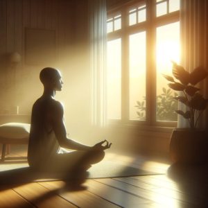 Tranquil morning setting with a person practicing mindfulness, symbolizing peaceful start to the day with focused breathing in a softly-lit room.