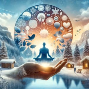 Composite image depicting mindfulness and mental wellness in winter, with serene landscape, meditation, and symbols of warmth and well-being, aligning with the article's focus on managing stress during winter. Managing Seasonal Stress.