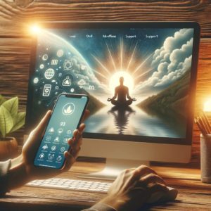 Tranquil environment with a person using digital tools for mindfulness and mental health support, symbolizing the use of online resources for mental well-being.