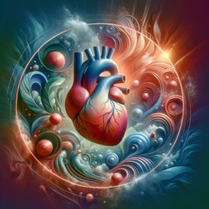 Artistic depiction of a vibrant, healthy heart with motifs of gentle waves and soft light, conveying improved blood flow and relaxation, symbolizing heart health benefits of sauna use.