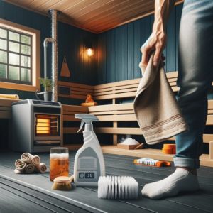 Person cleaning a well-maintained sauna interior, focusing on wooden benches and heater, highlighting the importance of regular maintenance for optimal sauna performance and safety.