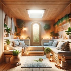 Beautifully designed home sauna setup that is cozy and inviting, evoking a sense of relaxation and wellness, inspiring readers to explore the idea of having a sauna in their home.