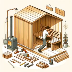 Person constructing a home sauna, engaged in tasks like measuring, cutting wood, and assembling sauna benches and heater, representing the DIY process of sauna building