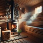 Traditional Finnish Sauna with wooden benches and rustic ambiance, featuring visible steam and a wood stove or electric heater, depicting the classic and warm sauna experience