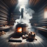 Authentic and atmospheric scene of a Smoke Sauna with a large stove for wood-burning and visible smoke, illustrating the traditional and ancestral sauna experience.